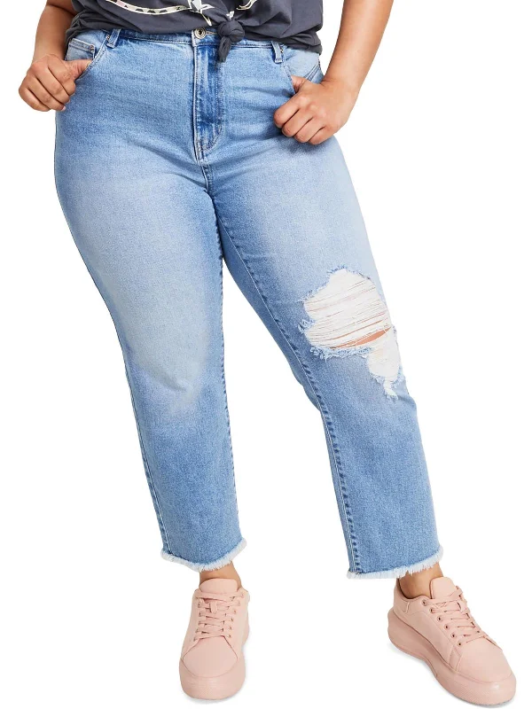 Womens High Rise Frayed Hem Straight Leg Jeans Casual Women's Loose - fitting