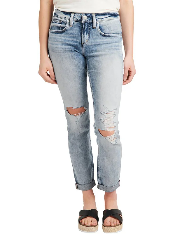 Womens Mid-Rise Destroyed Boyfriend Jeans