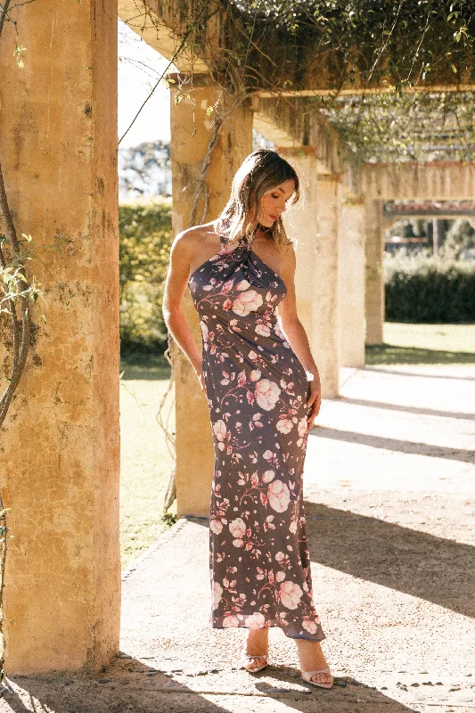 Mila Halterneck Maxi Dress - Steel Gray Floral Dynamic Women's Moto