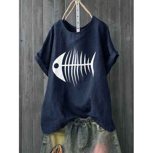 Cartoon Fish Bone Print T-shirt Sleek Women's 