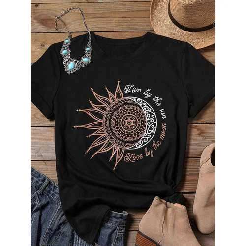 Sunflower Moon Print T-shirt Artistic Women's Avant - 