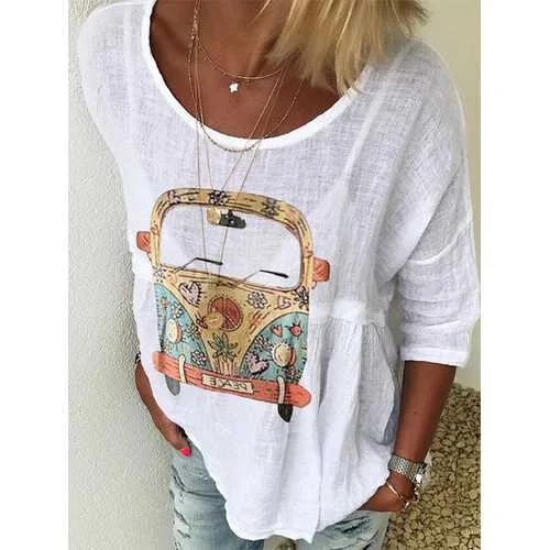 Bus Printed 3/4 Sleeve O-Neck Blouse Relaxed Women's 