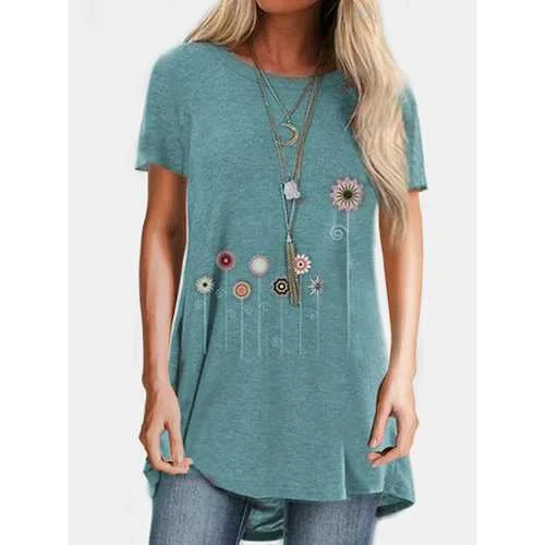 Cartoon Flower Print T-shirt Confident Women's Power
