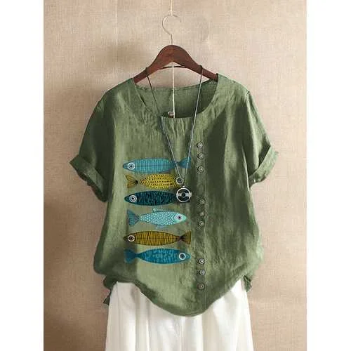 Fish Print Patched T-shirt Earthy Women's 