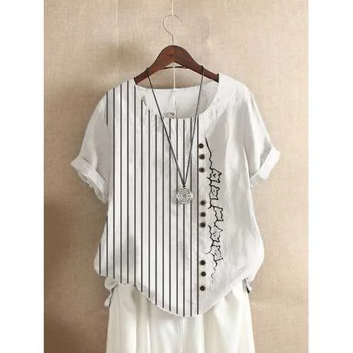 Striped Cartoon Printed O-Neck T-shirt Cozy Women's Winter