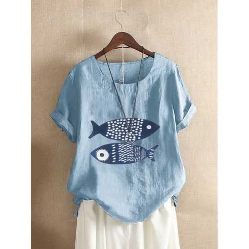 Cartoon Fish Casual T-shirt Polished Women's Silk