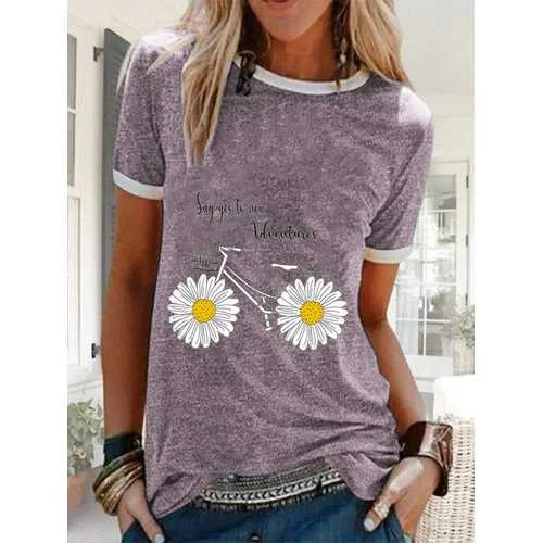 Daisy Floral Bike Letter Printed Casual T-shirt Dynamic Women's High - energy