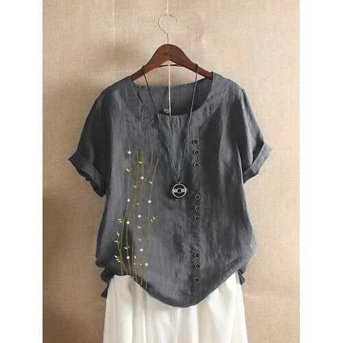 Embroidery O-neck Button T-shirt Stylish Women's Neon
