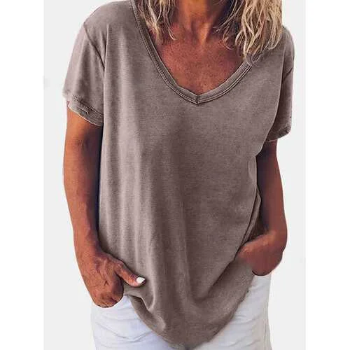 Solid Color V-neck T-shirt Traditional Women's Wool