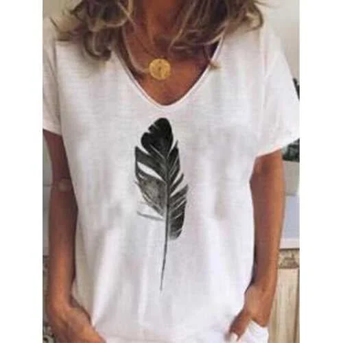 Feather V-neck Printed T-shirt