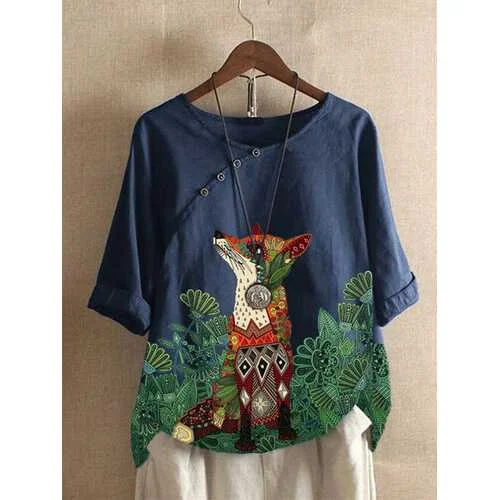 Cartoon Animal Floral Printed T-shirt