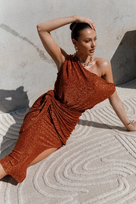 Santiago Off Shoulder Midi Dress - Bronze Casual Women's Loose - fitting