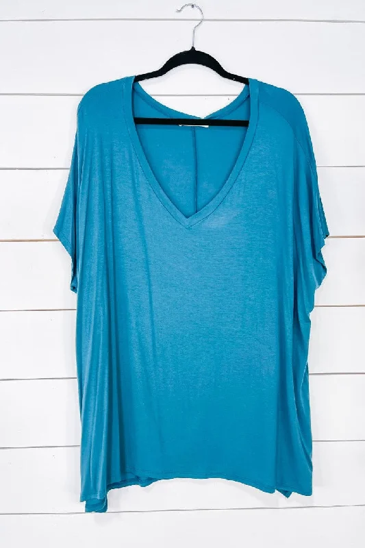 Teal Short Sleeve V-Neck Top w/ Side Slits - SIZE 3XL