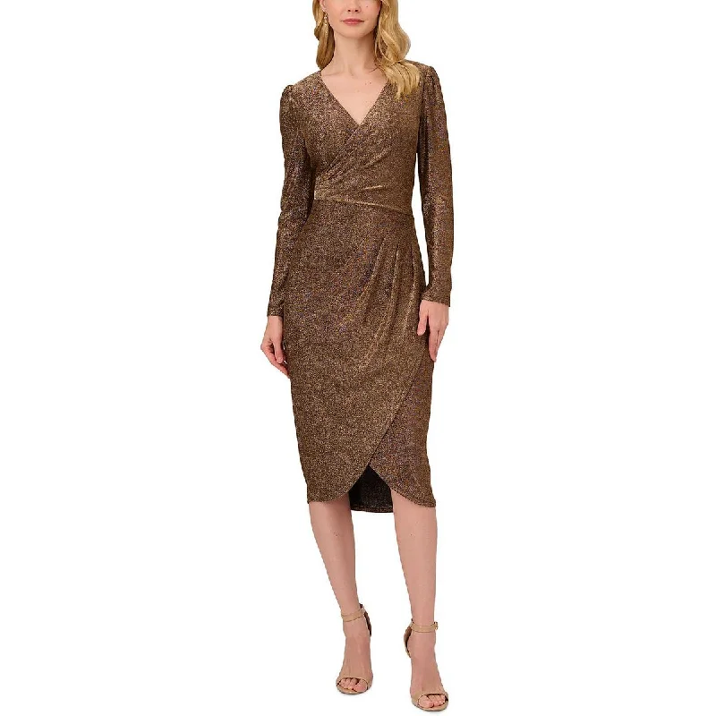 Adrianna Papell Womens Plus Metallic Faux Wrap Evening Dress