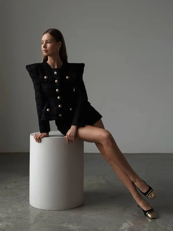 Elegant Black Tweed Jacket and Shorts Suit Cool Women's Distressed