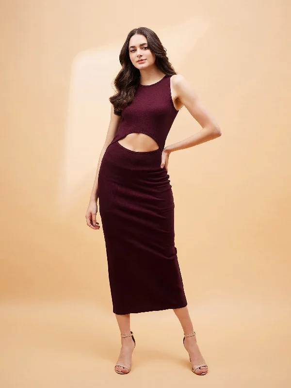 Women Burgundy Front Cut Out Rib Midi Dress Refined Women's Hand - crafted