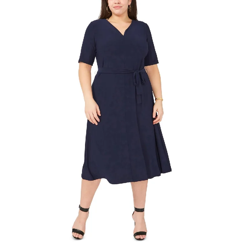 MSK Womens Plus V-Neck Short Sleeve Midi Dress