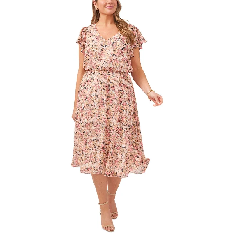 MSK Womens Plus Floral Print Mid Calf Midi Dress