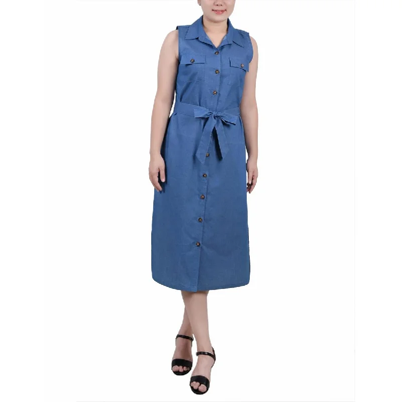 NY Collection Womens Petites Button Cotton Midi Dress