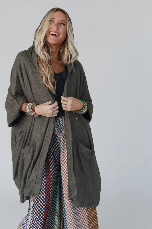 The Nest Boho Essential Hooded Ribbed Sweater - Olive Dapper Women's Bow - adorned