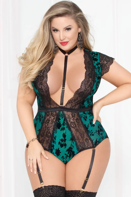 Flocked Mesh & Lace Harness Teddy Dynamic Women's High - energy