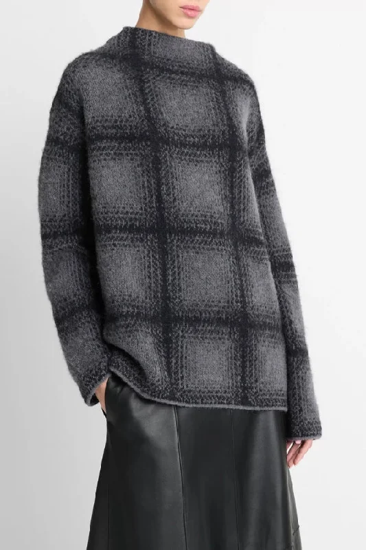 VINCE Shadow Plaid Funnel Neck Sweater