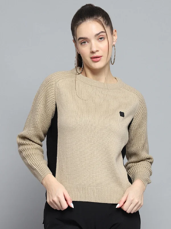 Women Beige Solid Round Neck Full Sleeve Pullover